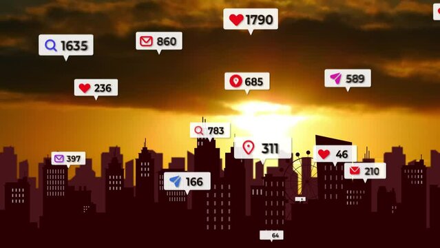 Social media icons fly over 
morning city downtown showing people engagement connection through social network application platform . Concept for online community and social media marketing strategy
