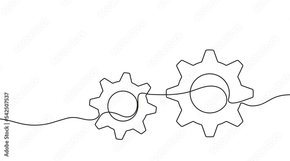 Poster gears one line drawing. one continuous line illustration of gears wheels. two moving cog gear. vecto