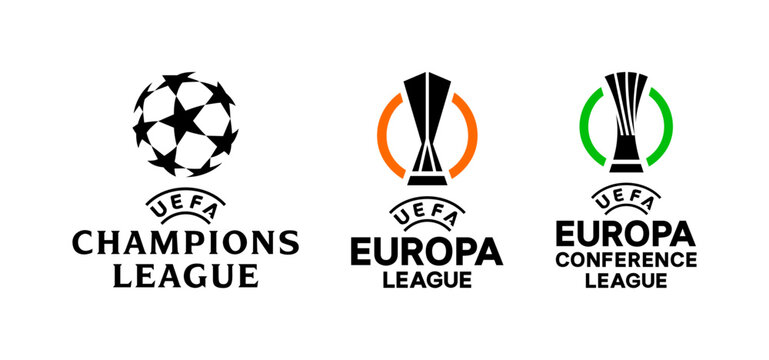 Official UEFA European cup logos. Set of european football or soccer tournament logo - Champions League, UEFA Europa League, Europa Conference League.