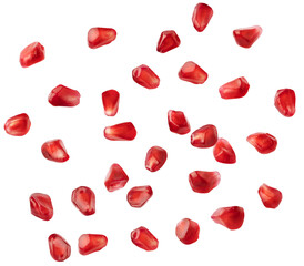 Falling pomegranate seeds. Collection of flying pomegranate fruit seeds isolated on white background, with cliping path