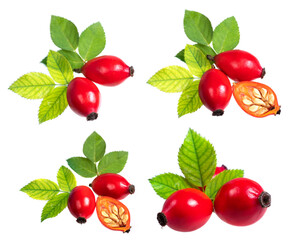 rose hip berry and half berry with leaf isolated on white background. Set or collection