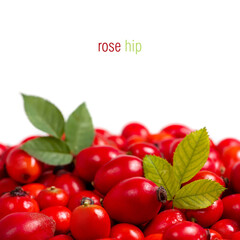 heap rose hip berry with leaves on white background