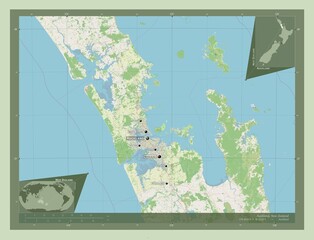 Auckland, New Zealand. OSM. Labelled points of cities