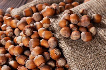 Hazelnuts, filbert on old wooden table. heap or stack of hazel nuts. Hazelnut background, healty food