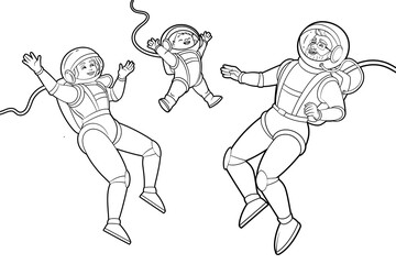 Family parents astronauts and son freely soar in open space waving their hands in greeting. Vector black and white illustration, outline in cartoon style. Coloring book