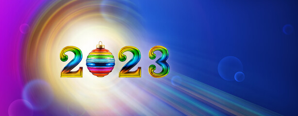 Fototapeta premium Happy New Year 2023. Christmas or New Year composition with rainbow numbers and Christmas rainbow ball. Abstract neon background with circular swirling rainbow waves and lines.