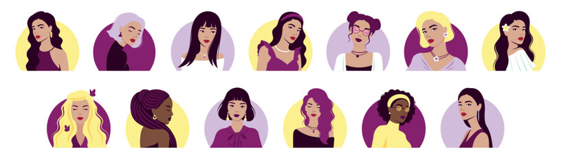 Portraits of the beautiful women. Faces of a girls. Set of Female avatar. Flat vector illustration.