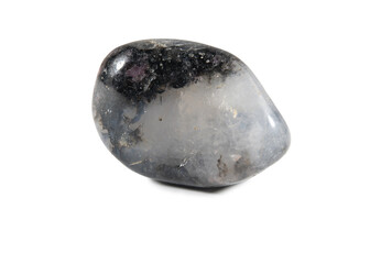 A polished fragment of the black rhodonite mineral with a translucent inclusion