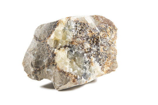 An unprocessed fragment of the gray septaria mineral with white inclusions