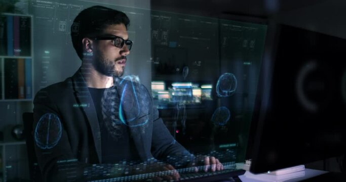 Doctor using Graphic User Interface to Check Patient Information at Night in Office. VR, AR. Young Caucasian Male Using Computer With Holographic Animated Medical MRI, 3D Models and Patient Data. 