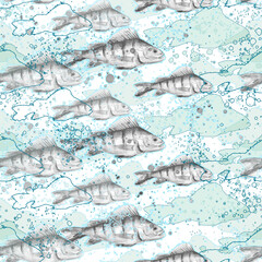 Seamless vintage watercolor pattern. Watercolor drawing fish perch.
Blue, purple water splash, paint. Underwater world, drawing of fish in vintage style. Water fish splash, paint, trendy background. 