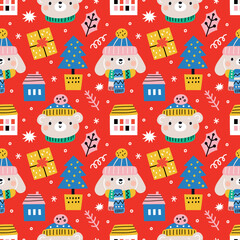 Obraz na płótnie Canvas Christmas pattern with bear, bunny, tree, gifts, snow. Background, Wrapping paper print. Texture for Christmas and New Year holiday textile, print with cute design elements 