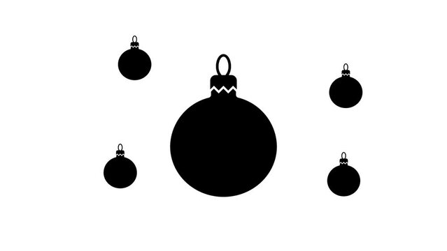 Zoom in and out animation the Christmas tree toy symbol. Large black symbol in the center and four small symbols around. Seamless looped 4k animation on white background