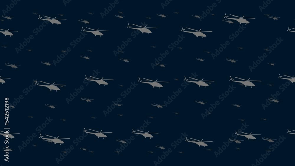 Poster helicopter symbols float horizontally from left to right. parallax fly effect. floating symbols are 