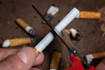 The concept of the fight against smoking and nicotine addiction. A man cuts a cigarette with scissors.