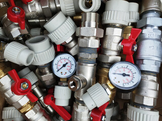 Plumbing fixtures and manometer piping parts. Plumbing fixtures and piping parts, brass connector...
