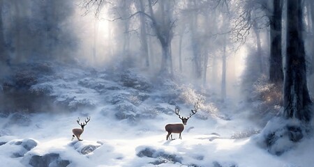 beautiful deer walking in winter quiet epic forest scene. background, animal, christmas, illustration.