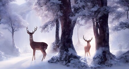 beautiful deer walking in winter quiet epic forest scene. background, animal, christmas, illustration.