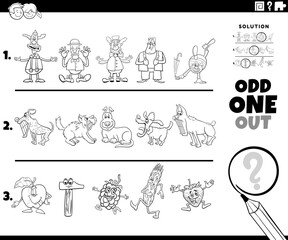 odd one out puzzle with cartoon characters coloring page