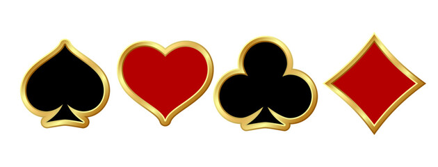 Suit of playing cards with golden frames. Vector illustration 3d symbols