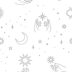 Seamless pattern with constellations. Sun, moon, magic hands and stars. Mystical esoteric background for design. Astrology magical vector.