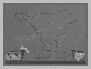 Jigawa, Nigeria. Grayscale. Labelled points of cities