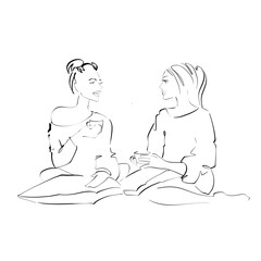 Two girls with a cup Sketch illustration on white background