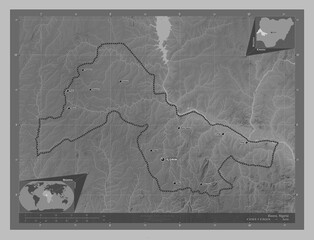 Kwara, Nigeria. Grayscale. Labelled points of cities