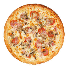 Delicious classic italian pizza with Mozzarella, ham, pepperoni sausage and mushrooms