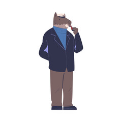 Man Character with Boar Animal Head Standing Wearing Seaman Jacket and Cap Smoking Pipe Vector Illustration