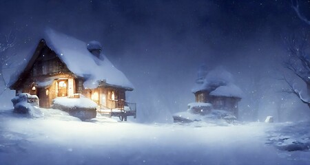 a christmas log cabin in winter heavy snow. winter festival background. cartoon, hand drawn, illustration.