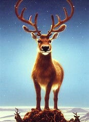 an deer or elk stand in heavy snow before epic winter background for christmas. hand drawn style painting illustration. animal, nature, cartoon, art.