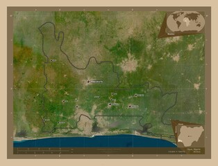 Ogun, Nigeria. Low-res satellite. Labelled points of cities