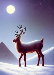 an deer or elk stand in heavy snow before epic winter background for christmas. hand drawn style painting illustration. animal, nature, cartoon, art.