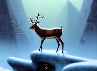 an deer or elk stand in heavy snow before epic winter background for christmas. hand drawn style painting illustration. animal, nature, cartoon, art.