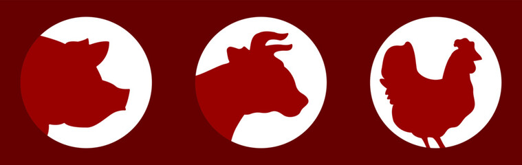 vector farm animals silhouettes isolated. Image for meat stores , market, packaging and advertising. Vector illustration.