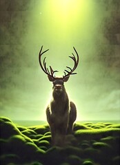 an deer or elk stand in heavy snow before epic winter background for christmas. hand drawn style painting illustration. animal, nature, cartoon, art.