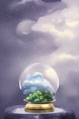 beautiful winter snowglobe podium for product display with colorful clouds in moody greys and blues blank background. high quality digital art. rendering illustration.