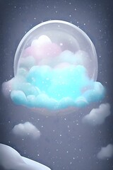 beautiful winter snowglobe podium for product display with colorful clouds in moody greys and blues blank background. high quality digital art. rendering illustration.