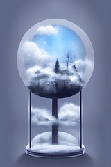 beautiful winter snowglobe podium for product display with colorful clouds in moody greys and blues blank background. high quality digital art. rendering illustration.