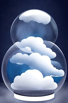 beautiful winter snowglobe podium for product display with colorful clouds in moody greys and blues blank background. high quality digital art. rendering illustration.