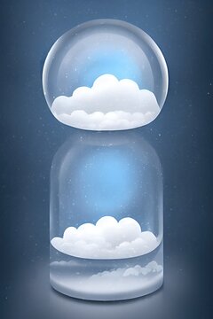 beautiful winter snowglobe podium for product display with colorful clouds in moody greys and blues blank background. high quality digital art. rendering illustration.