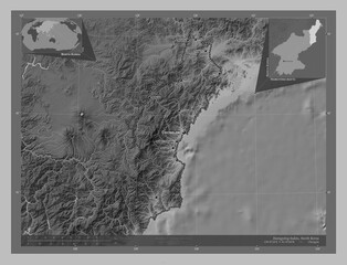 Hamgyong-bukto, North Korea. Grayscale. Labelled points of cities