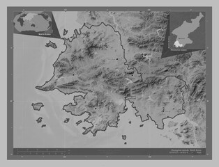 Hwanghae-namdo, North Korea. Grayscale. Labelled points of cities