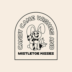 Funny Retro Illustration with Smiling Rabbit, Candy Cane, Mistletoe and Funny Quote. Vector Character in Vintage Style. Christmas and New Year Card