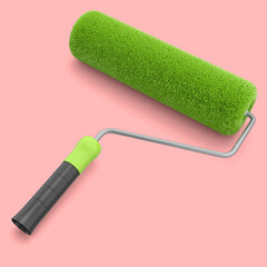 Paint roller for painting walls and renovating apartment on pink background.