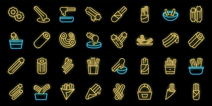 Churros icons set outline vector. Mexican chocolate. Churro food neon color on black