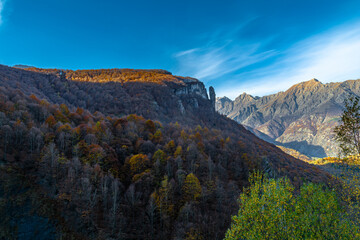 Fototapeta na wymiar Autunno in Valle Gesso: tripudio di colori, vette, laghi, cascate e flora alpina