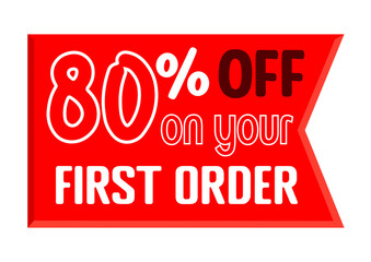 80% off your first purchase. vector art illustration with assorted fonts and colors, white, red and black
