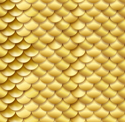 Realistic seamless golden fish snake scales background vector texture pattern in golden colors. Yellow gold wildlife background.